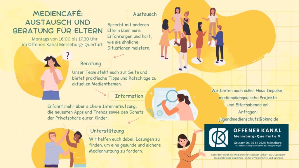 Illustration Mediencafé: Austausch und Beratung für Eltern mit Kontaktmöglichkeit